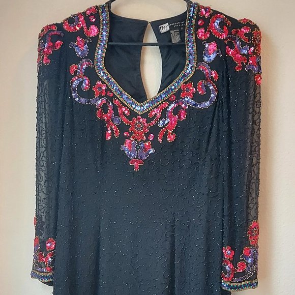 Unbelievable Vintage 80s Morgan Taylor Evening Ware Sequins and Beaded Silk Mini - Picture 3 of 10